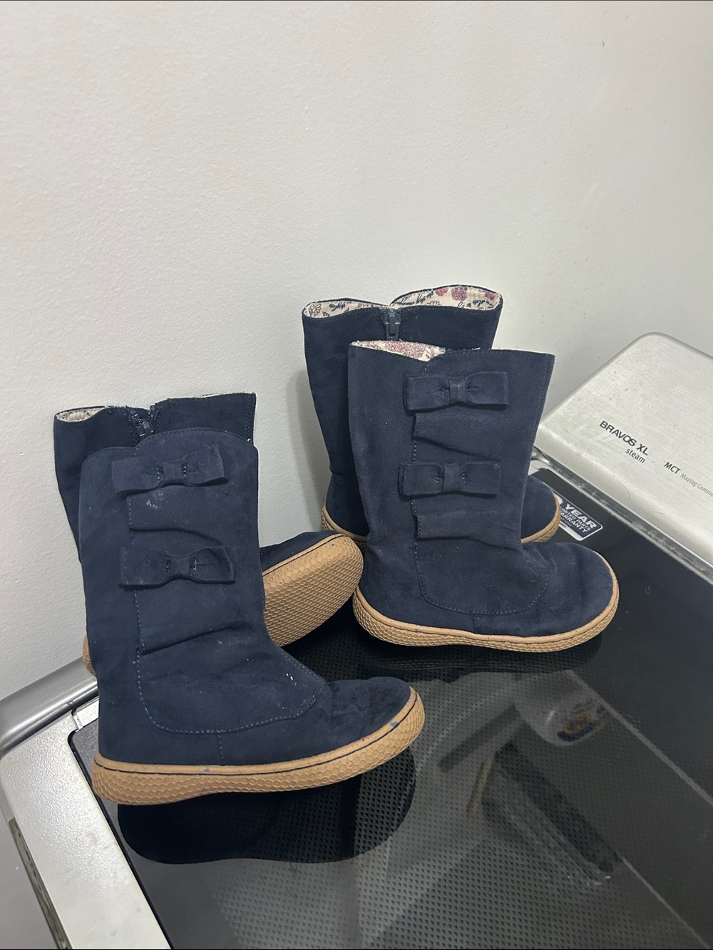 Toddler girls size 9 identical twin matching set zipper bow boots navy blue